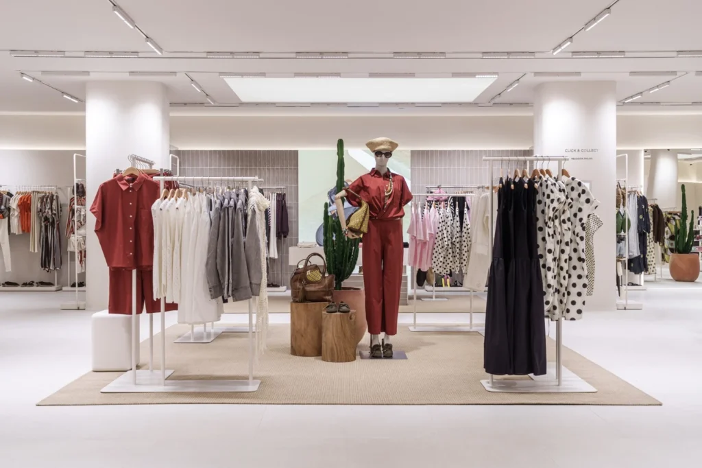 Interior de tienda de moda con burros de ropa y un maniquí en el centro